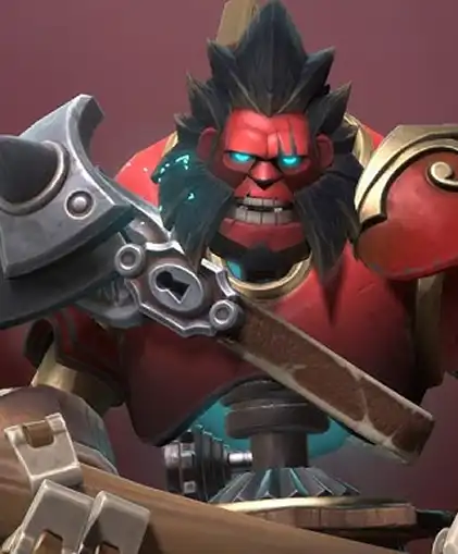 Detailní pohled na červenou robotickou postavu Axe z Dota 2 s modře svítícíma očima a divokými vlasy.